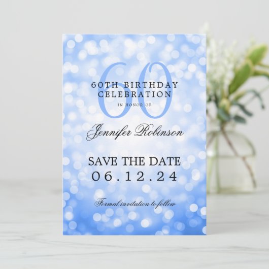 Navy Blue Bokeh 60e verjaardag Save the Date Kaart (Staand voorkant)
