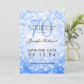 Navy Blue Bokeh 70e verjaardag Save the Date Kaart (Staand voorkant)