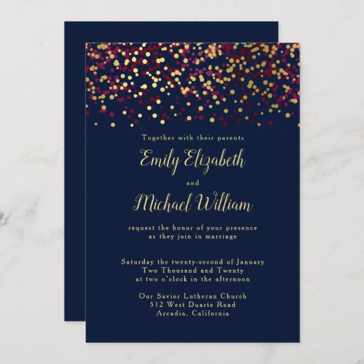 Navy Blue Bokeh Gold Wedding Invitation Kaart (Voorkant / Achterkant)