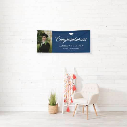 Navy Blue Bold Calligraphy Foto Afstuderen Spandoek (Insitu)