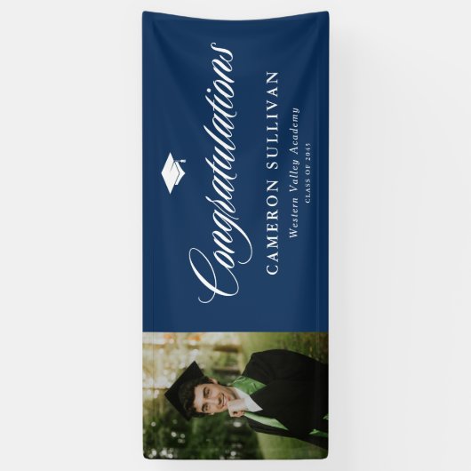 Navy Blue Bold Calligraphy Foto Afstuderen Spandoek (Verticaal)