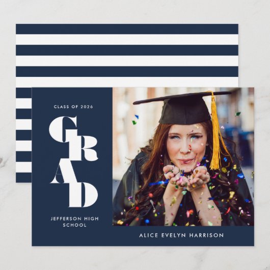 Navy Blue Bold Serif Single Photo Afstuderen Aankondiging (Voorkant / Achterkant)