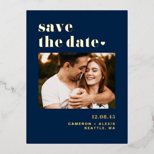 Navy Blue Bold Typografie Foto Save the Date Folie Uitnodiging Briefkaart (Voorkant)