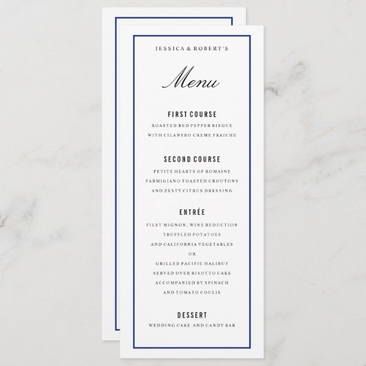 Navy Blue Border Elegante Wedding Menu Kaart (Voorkant / Achterkant)