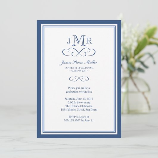 Navy blue border lijst classy monogram afstuderen kaart (Staand voorkant)