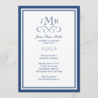 Navy blue border lijst classy monogram afstuderen kaart