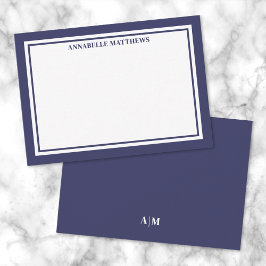Navy Blue Border Minimalist Name Monogram Notitiekaartje