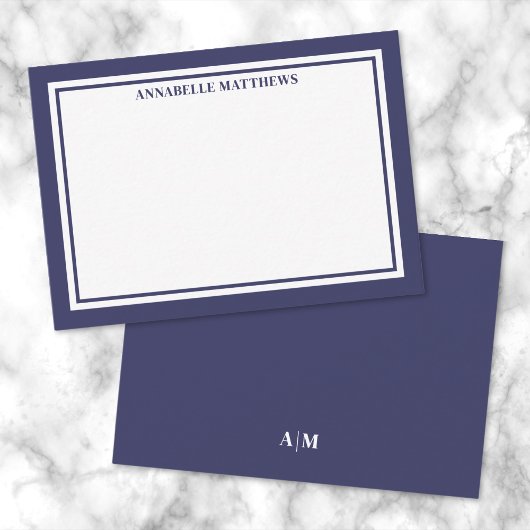 Navy Blue Border Minimalist Name Monogram Notitiekaartje