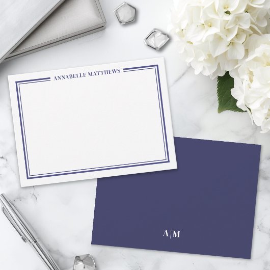 Navy Blue Border Minimalistische naam Monogram Notitiekaartje