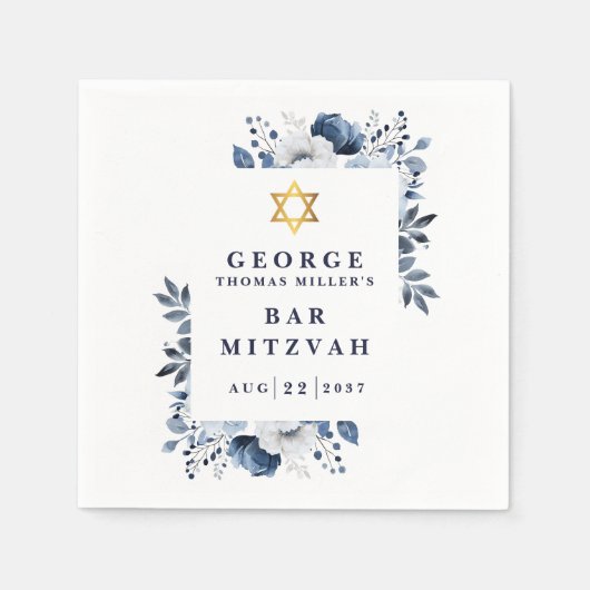 Navy Blue Botanical Bar Mitswa Bat Mitswa Servet (Voorkant)