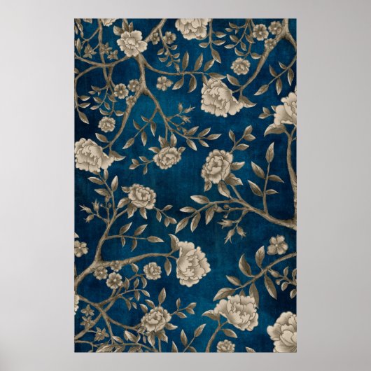 Navy Blue Botanical Chinoiserie Flower Wall Art Poster (Voorkant)