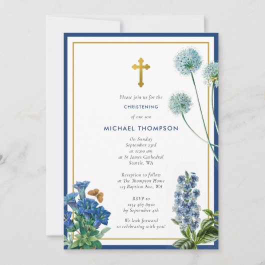Navy Blue Botanical en Gold Baptism Christening Bo Kaart (Voorkant)