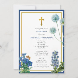 Navy Blue Botanical en Gold Baptism Christening Bo Kaart