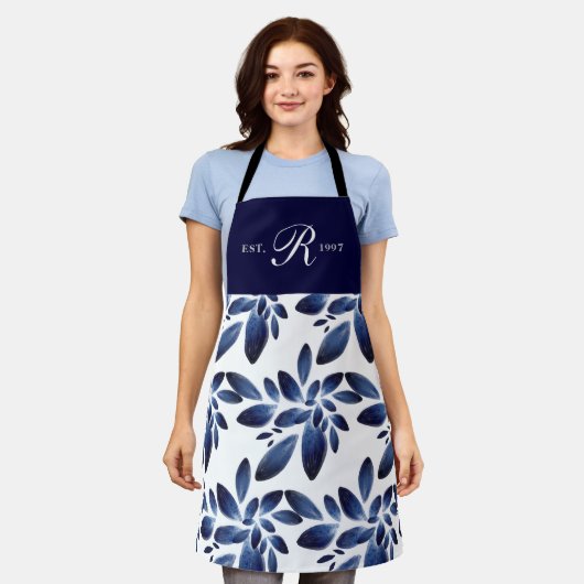 Navy Blue Botanical Foliage Monogramed Schort (Gedragen)