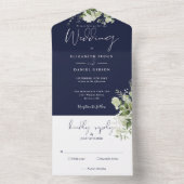 Navy Blue Botanical Greenery Monogram Weddenschap All In One Uitnodiging (Binnen)