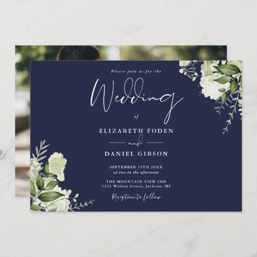 Navy Blue Botanical Greenery Photo Wedding Kaart (Voorkant / Achterkant)