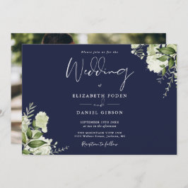 Navy Blue Botanical Greenery Photo Wedding Kaart