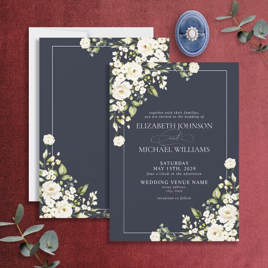 Navy Blue Botanical Greenery White Floral Wedding Kaart