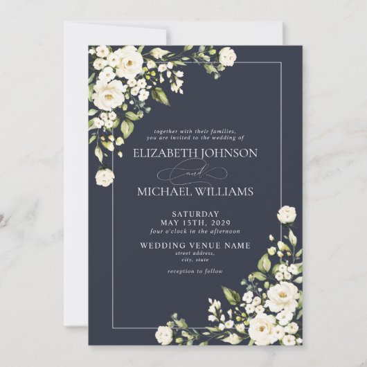 Navy Blue Botanical Greenery White Floral Wedding Kaart (Voorkant)