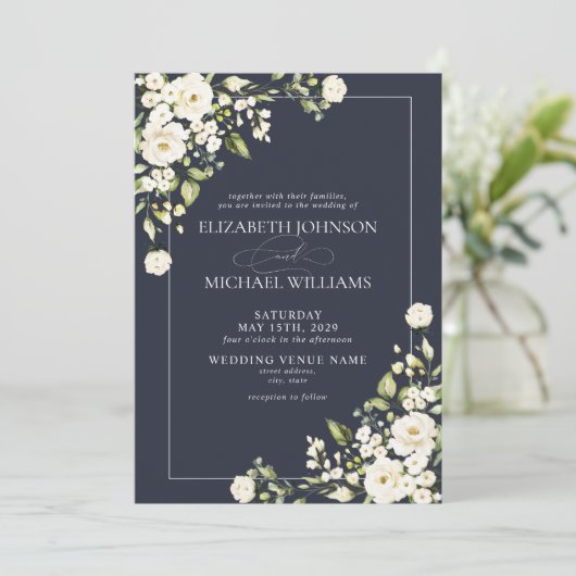 Navy Blue Botanical Greenery White Floral Wedding Kaart (Staand voorkant)