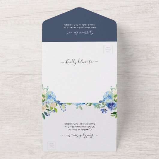 Navy Blue Botanical Hydrangea Flowers Wedding All In One Uitnodiging (Buitenkant)