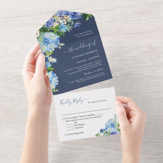 Navy Blue Botanical Hydrangea Flowers Wedding All In One Uitnodiging (Afscheurbaar)