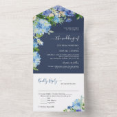 Navy Blue Botanical Hydrangea Flowers Wedding All In One Uitnodiging (Binnen)