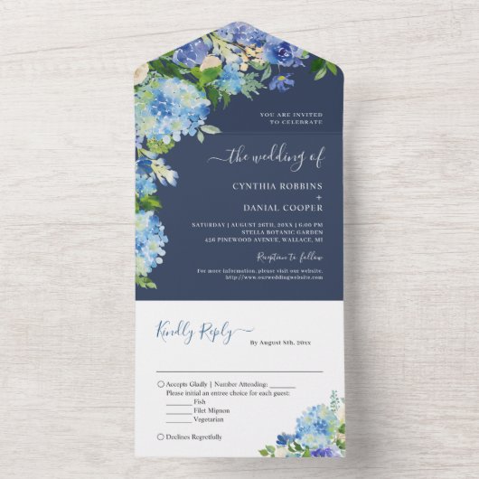 Navy Blue Botanical Hydrangea Flowers Wedding All In One Uitnodiging (Binnen)