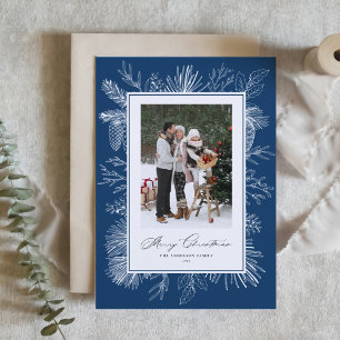 Navy Blue Botanical Lijst Foto van Kerstmis Feestdagen Kaart