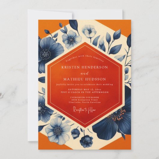 Navy Blue Botanical Romance Wedding Kaart (Voorkant)