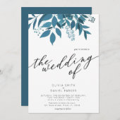 Navy Blue Botanical | Script Winter bruiloft Kaart (Voorkant / Achterkant)