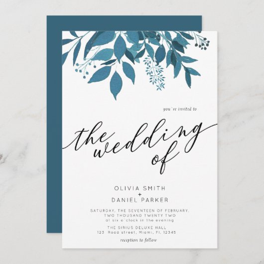 Navy Blue Botanical | Script Winter bruiloft Kaart (Voorkant / Achterkant)