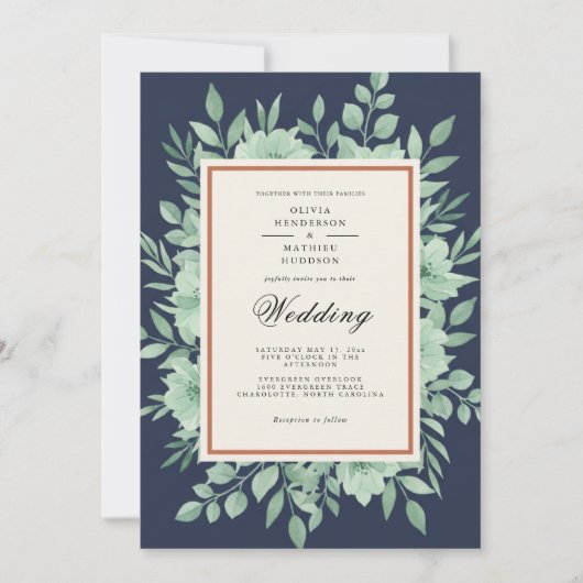 Navy Blue Botanical Spring Wedding Kaart (Voorkant)