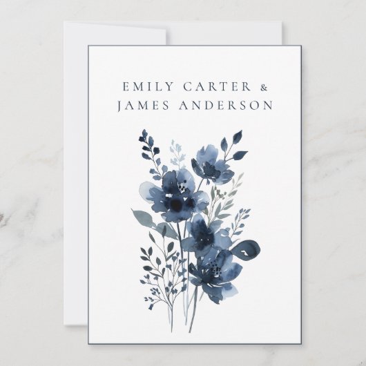 Navy Blue Botanical Wedding Kaart (Voorkant)
