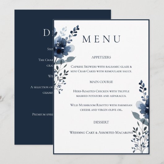 Navy Blue Botanical Wedding Menu (Voorkant / Achterkant)