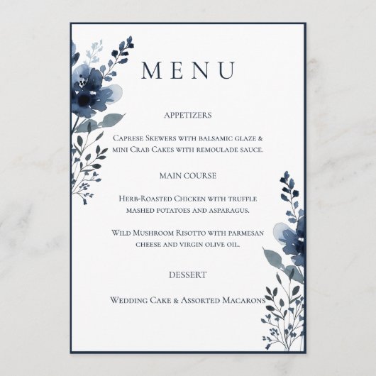 Navy Blue Botanical Wedding Menu (Voorkant)