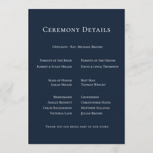 Navy Blue Botanical Wedding Programmakaart (Achterkant)