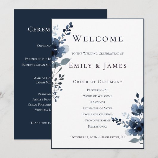 Navy Blue Botanical Wedding Programmakaart (Voorkant / Achterkant)