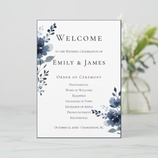Navy Blue Botanical Wedding Programmakaart (Staand voorkant)