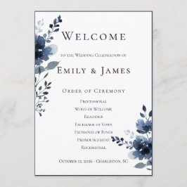 Navy Blue Botanical Wedding Programmakaart