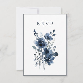 Navy Blue Botanical Wedding RSVP Kaartje