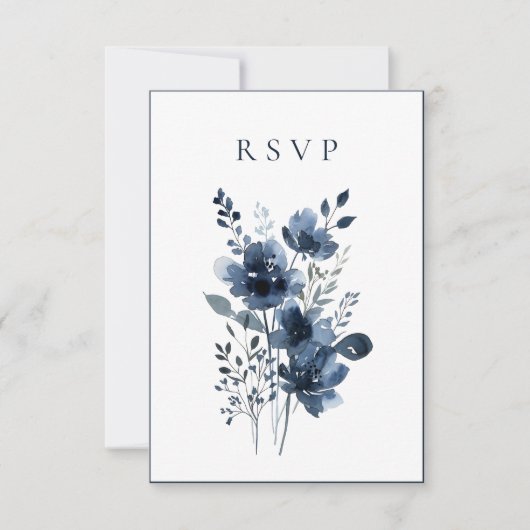 Navy Blue Botanical Wedding RSVP Kaartje (Voorkant)