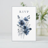 Navy Blue Botanical Wedding RSVP Kaartje (Staand voorkant)
