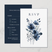 Navy Blue Botanical Wedding RSVP Kaartje (Voorkant / Achterkant)