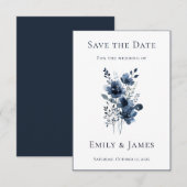 Navy Blue Botanical Wedding Save The Date (Voorkant / Achterkant)