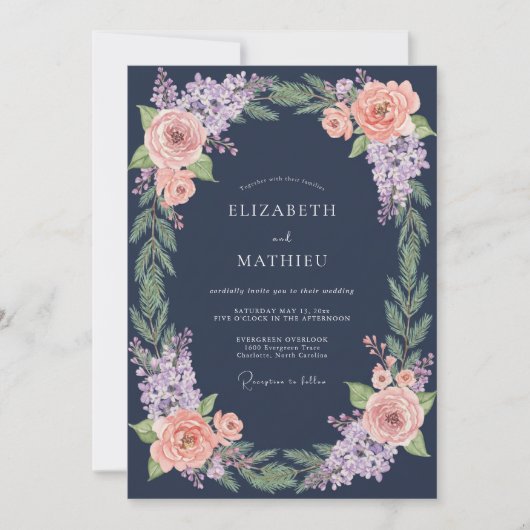 Navy Blue Botanical Winter Wedding Kaart (Voorkant)