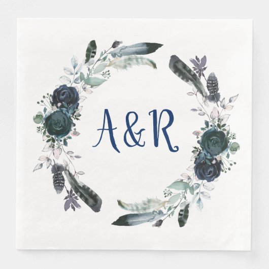 Navy Blue Bouquet Wreath Monogram Paper Napkins Servetten (Voorkant)