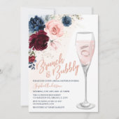 Navy Blue Bourgogne Blush Bloemen Brunch en Bubbly Kaart (Voorkant)