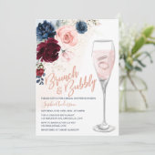 Navy Blue Bourgogne Blush Bloemen Brunch en Bubbly Kaart (Staand voorkant)