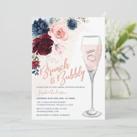 Navy Blue Bourgogne Blush Bloemen Brunch en Bubbly Kaart (Staand voorkant)